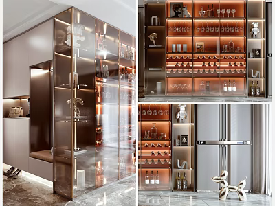 Modern Wine Cabinet With Glass Doors LED Lighting And Metal Frame Design 3d model