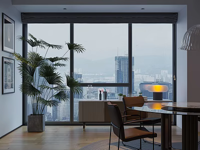 Modern Restaurant Interior With Large Windows City View Indoor Plant Dining Table And Chairs 3d model