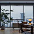 Modern Restaurant Interior With Large Windows City View Indoor Plant Dining Table And Chairs