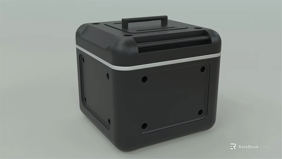 Durable Black Cube Shaped Box With Top Handle Silver Trim And Side Holes 3d model 