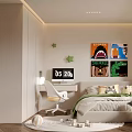 Kids Room Interior Design With Colorful Wall Art Desk Clock Cozy Bed And Window Blinds