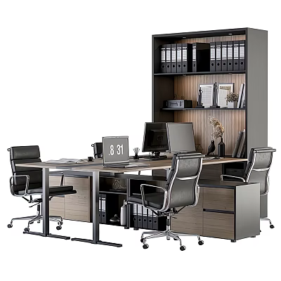 Modern Office Desk Workspace Interior Setup With Ergonomic Chairs Computer Monitors And Bookshelf Files 3d model