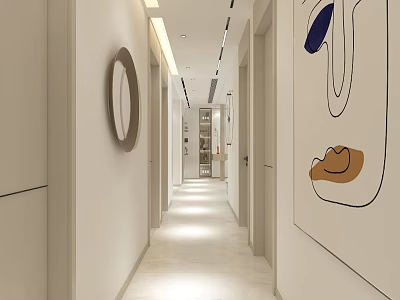 Modern Elevator Hallway Design With White Walls Round Mirror And Decorative Art 3d model