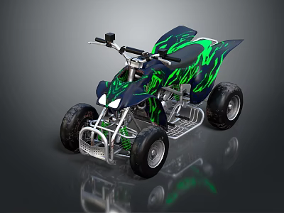 Terrain Suitable For Four Wheeled ATV With Dark Blue Green Flame Graphics And Large Tires 3d model
