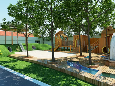 Children's Play Area with Wooden Play Structures Slides Trees Green Lawn and Water Feature 3d model