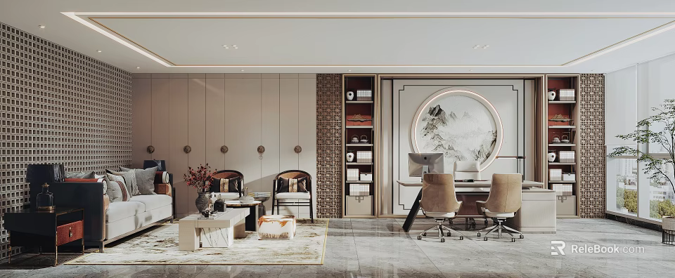 Elegant Modern Office Interior Design With Sofa Chairs Coffee Table Bookshelf And Computer Desk 3d model