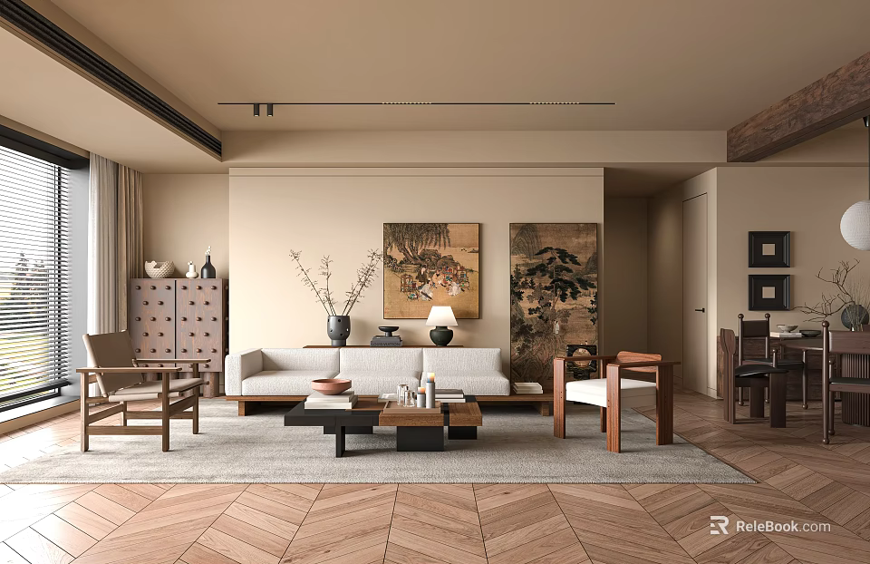 Elegant Modern Living Room Interior With Beige Walls Wooden Furniture And Decorative Artworks 3d model 