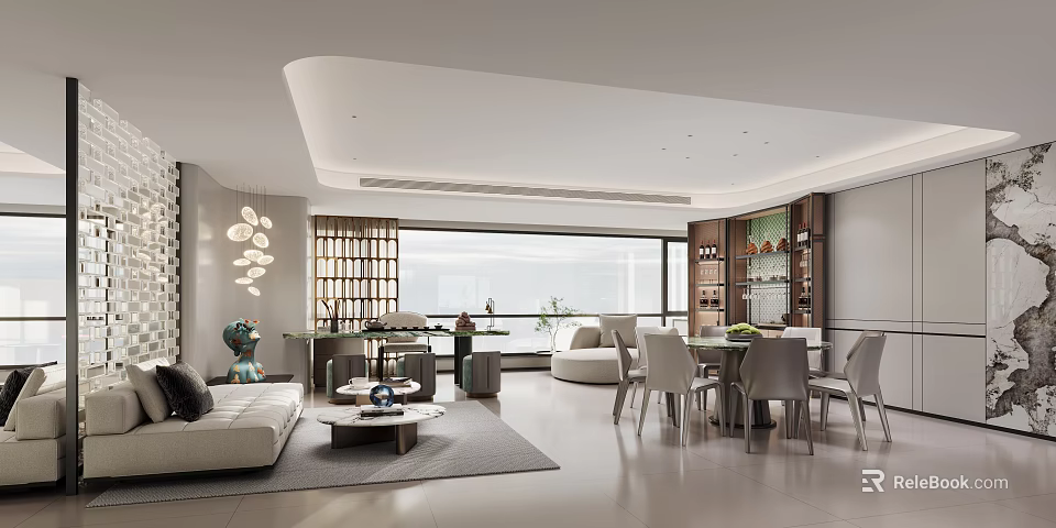 Contemporary Living and Dining Room Interior Design With Sofa Dining Table Chairs And Large Window 3d model 