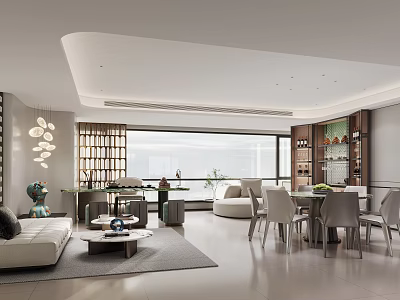 Contemporary Living and Dining Room Interior Design With Sofa Dining Table Chairs And Large Window 3d model