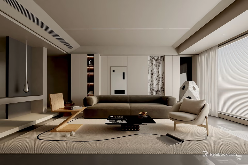 Modern Living Room Interior Design With Sofa Armchair Coffee Table Rug And Window Curtain 3d model 