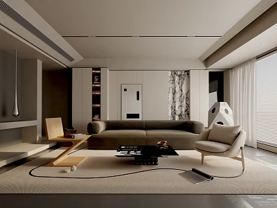 Modern Living Room Interior Design With Sofa Armchair Coffee Table Rug And Window Curtain 3d model