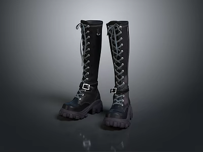 Stylish Black Long Boots With Lace Up Design And Thick Rubber Sole 3d model