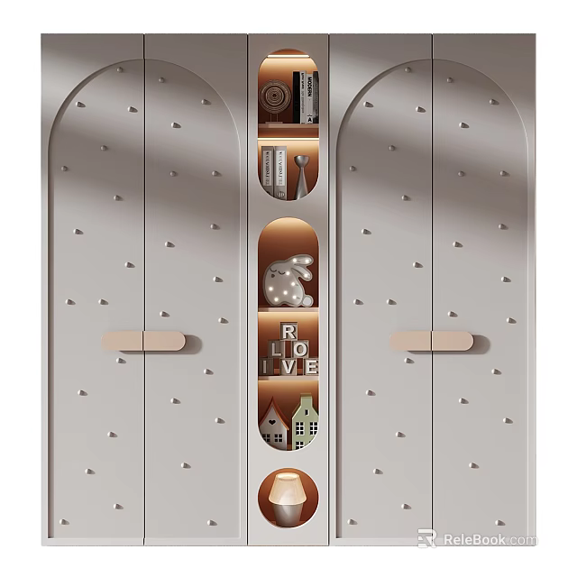Modern Double Door Wardrobe With Decorative Patterns And Open Shelves For Decorative Items 3d model 