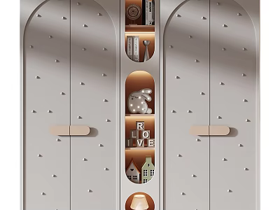 Modern Double Door Wardrobe With Decorative Patterns And Open Shelves For Decorative Items 3d model