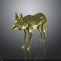 Golden Standing Wolf Sculpture with Shiny Metallic Finish on Dark Reflective Surface