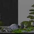 Zen Courtyard Garden With Stone Statue Bonsai Tree Moss Covered Ground Rocks And Gray Wall