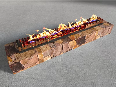 Long Natural Stone Fireplace with Bright Burning Flames and Decorative Design 3d model