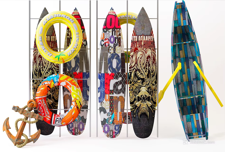 Marine Theme Decorative Ornament Set with Colorful Surfboards Life Rings and Anchor for Home Decoration 3d model 