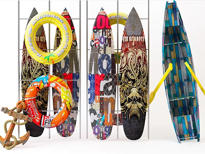 Marine Theme Decorative Ornament Set with Colorful Surfboards Life Rings and Anchor for Home Decoration 3d model