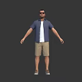 Man With Blue Short Sleeve Shirt White T Shirt Khaki Shorts Sunglasses And Arms Outstretched