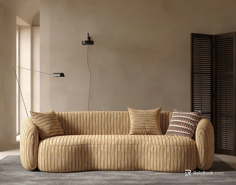 Beige Corduroy Three Seater Sofa With Patterned Cushions Against Beige Wall And Floor Lamp 3d model 