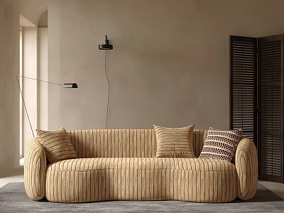 Beige Corduroy Three Seater Sofa With Patterned Cushions Against Beige Wall And Floor Lamp 3d model