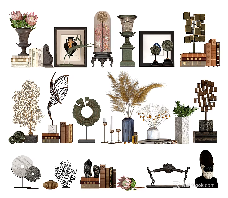 Modern Decorative Ornament Set With Vases Picture Frames Sculptures Dried Flowers And Stacked Books 3d model 