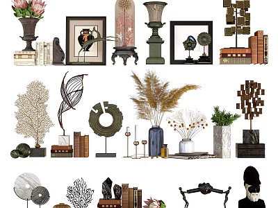Modern Decorative Ornament Set With Vases Picture Frames Sculptures Dried Flowers And Stacked Books 3d model