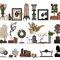Modern Decorative Ornament Set With Vases Picture Frames Sculptures Dried Flowers And Stacked Books