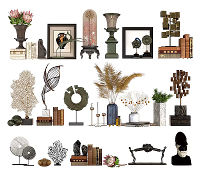 Modern Decorative Ornament Set With Vases Picture Frames Sculptures Dried Flowers And Stacked Books 3d model