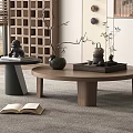 Round Wooden Coffee Table In Modern Living Room With Soft Rug Open Book And Vase