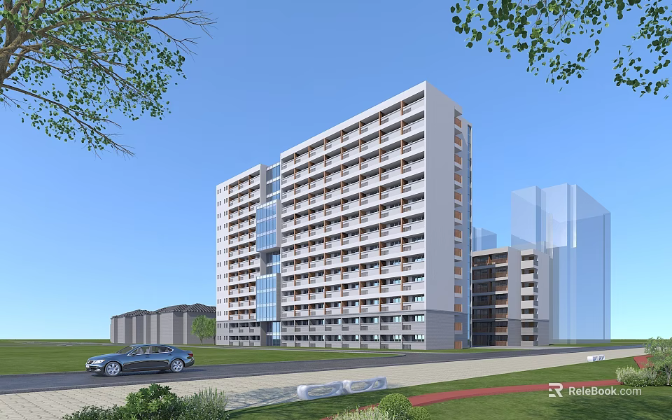 Modern High Rise Apartment Building With Green Lawn Trees Car And Blue Sky 3d model 