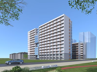 Modern High Rise Apartment Building With Green Lawn Trees Car And Blue Sky 3d model