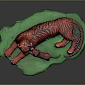 Detailed Tiger Sculpture with Mother and Cub Red Black Stripes on Green Base