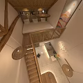 Cozy Indoor Space with Wooden Stairs Bamboo Railings Pendant Lights Open Layout and Stone Flooring