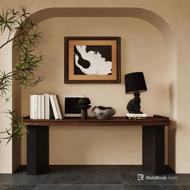 Stylish Wooden Console Table With Beige Wall Framed Artwork Books Table Lamp And Plant 3d model 