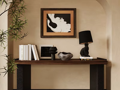Stylish Wooden Console Table With Beige Wall Framed Artwork Books Table Lamp And Plant 3d model
