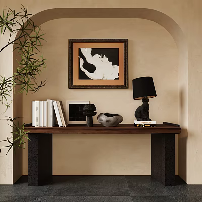 Stylish Wooden Console Table With Beige Wall Framed Artwork Books Table Lamp And Plant 3d model