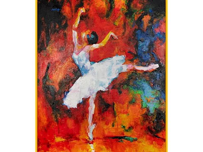 Oil Painting of Dynamic Ballerina in White Tutu with Vibrant Red Orange Background 3d model