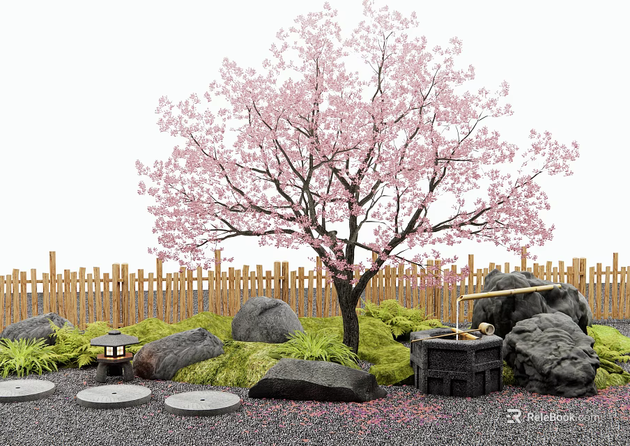 Tranquil Garden Decor With Pink Flowering Tree Wooden Fence Stones Moss And Stone Lantern 3d model 