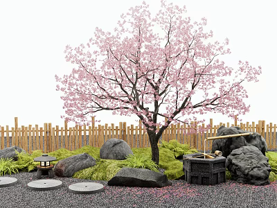 Tranquil Garden Decor With Pink Flowering Tree Wooden Fence Stones Moss And Stone Lantern 3d model