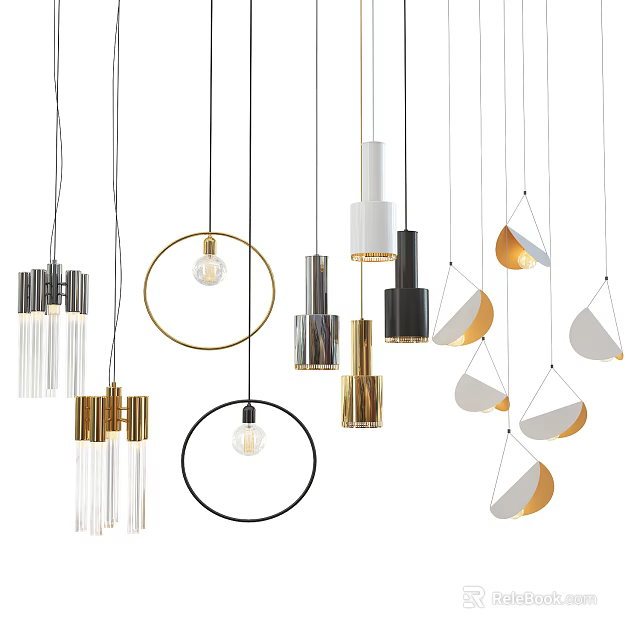 Modern Pendant Lights with Geometric Shapes Metal Frames Glass Elements in Gold Black White 3d model 