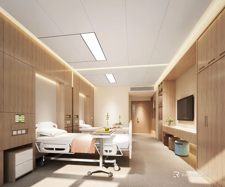 Modern Hospital Outpatient Clinic Ward With Comfortable Beds Wooden Cabinets TV And Medical Equipment 3d model 