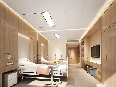 Modern Hospital Outpatient Clinic Ward With Comfortable Beds Wooden Cabinets TV And Medical Equipment 3d model