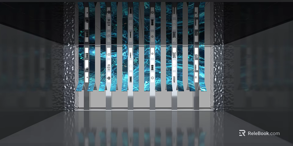 Modern Artistic Installation With Vertical Blue Stripes Metallic Panels And Reflective Floor 3d model 
