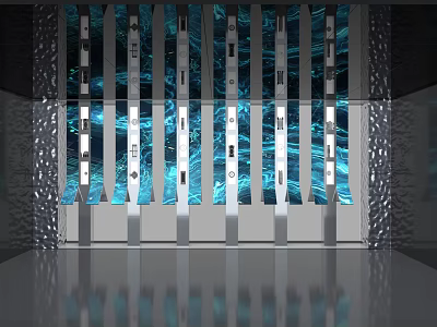 Modern Artistic Installation With Vertical Blue Stripes Metallic Panels And Reflective Floor 3d model
