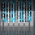Modern Artistic Installation With Vertical Blue Stripes Metallic Panels And Reflective Floor