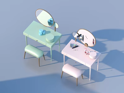 Light Green and White Dressing Tables with Mirror Stool and Cosmetics 3d model
