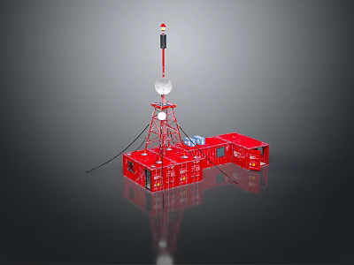 Red Industrial Modular Container Building With Tower Structure And Antenna 3d model