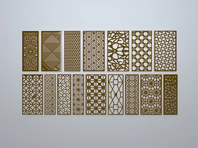 Brown Laser Cut Lattice Windows Featuring Various Intricate Geometric Patterns 3d model